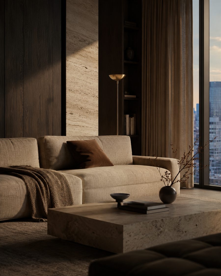 Warmer Wohnraum eines urbanen Serviced-Apartments mit Travertin und Stadtblick