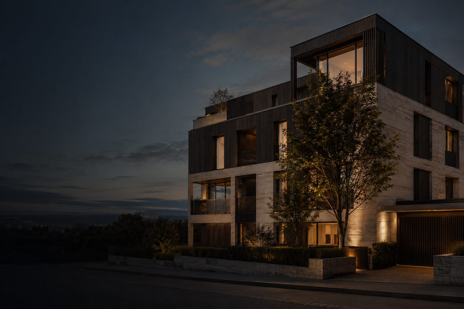 Urbanes Premium-Wohngebäude in der Abenddämmerung