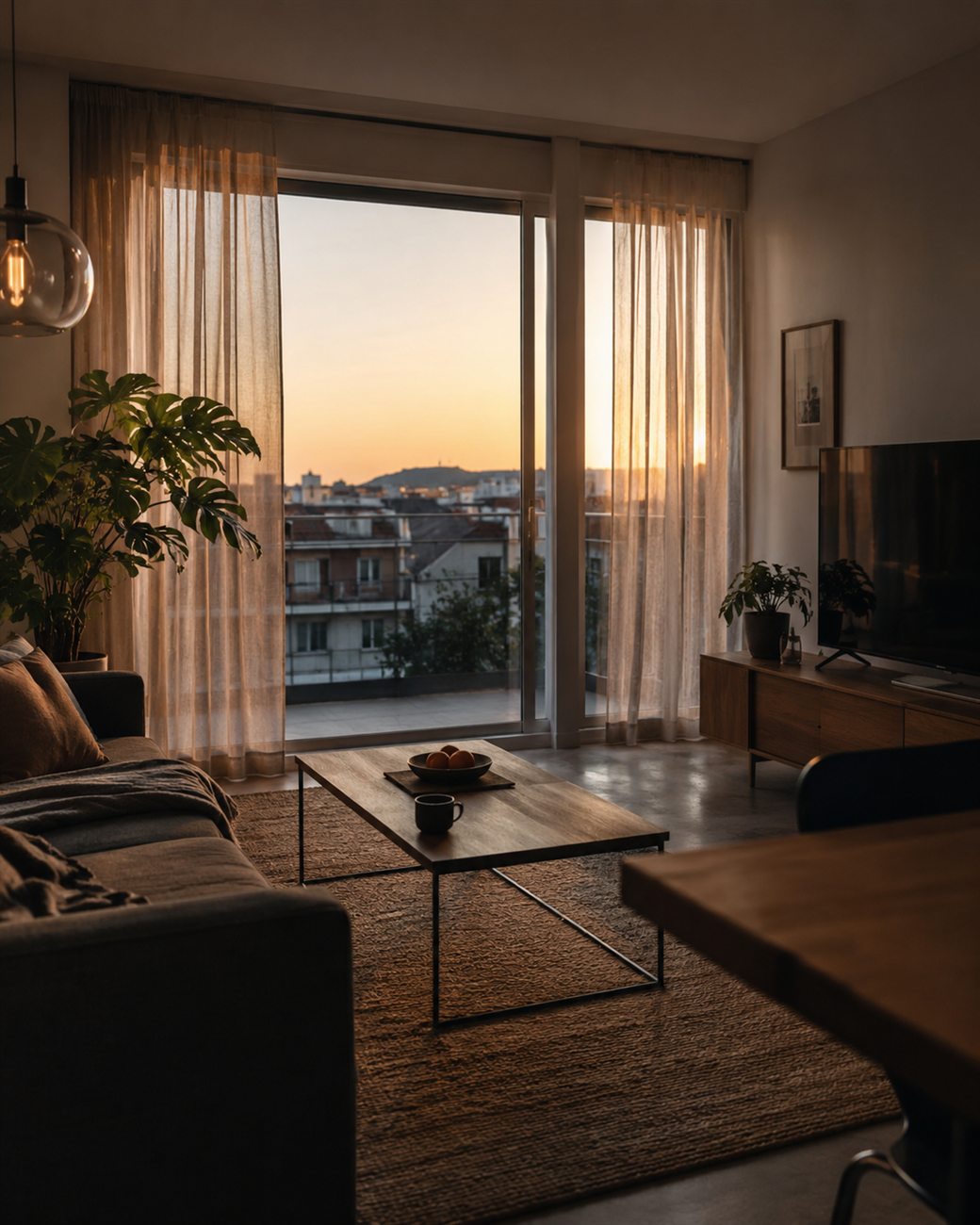 Atmosphärischer Wohnraum mit Stadtblick im warmen Abendlicht
